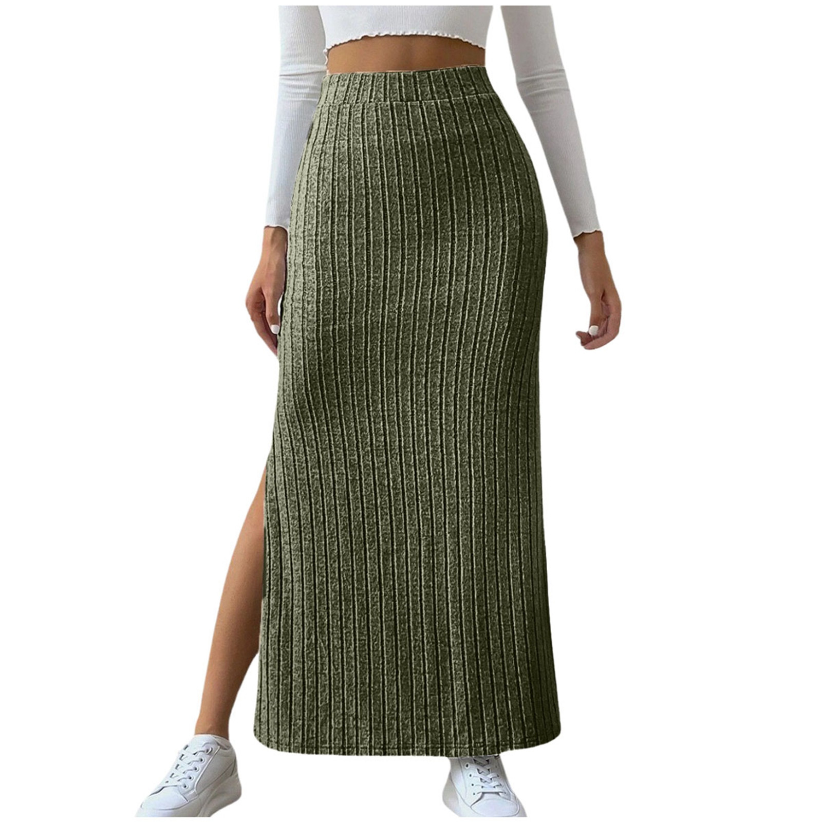 Falda lápiz midi elástica de punto acanalado de cintura alta para mujer: bajo con abertura, ajuste ceñido, ropa informal